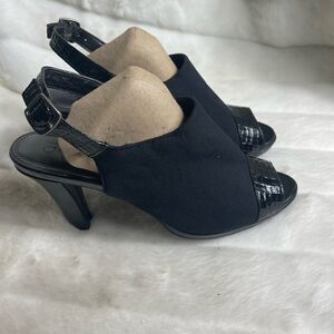 Life Stride black stretchy fabric heels peep toe back adjustable strap s…